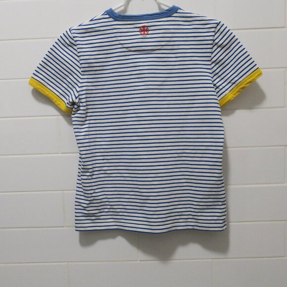 TORY BURCH FLORAL Tee Shirt top 100% cotton striped blue white short sleeves Sml - Picture 2 of 9